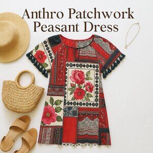 Vanessa Virginia Vintage-Inspired Red Floral Patchwork Dress Boho Summer Mini XS